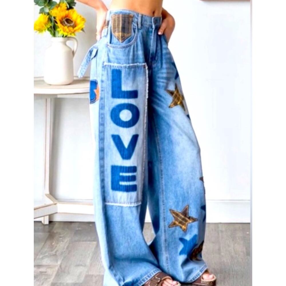 Oli & Hali Love + Stars Buckle Back Wide Leg Baggy Jeans Flare sz L Art-to-Wear - Picture 4 of 15
